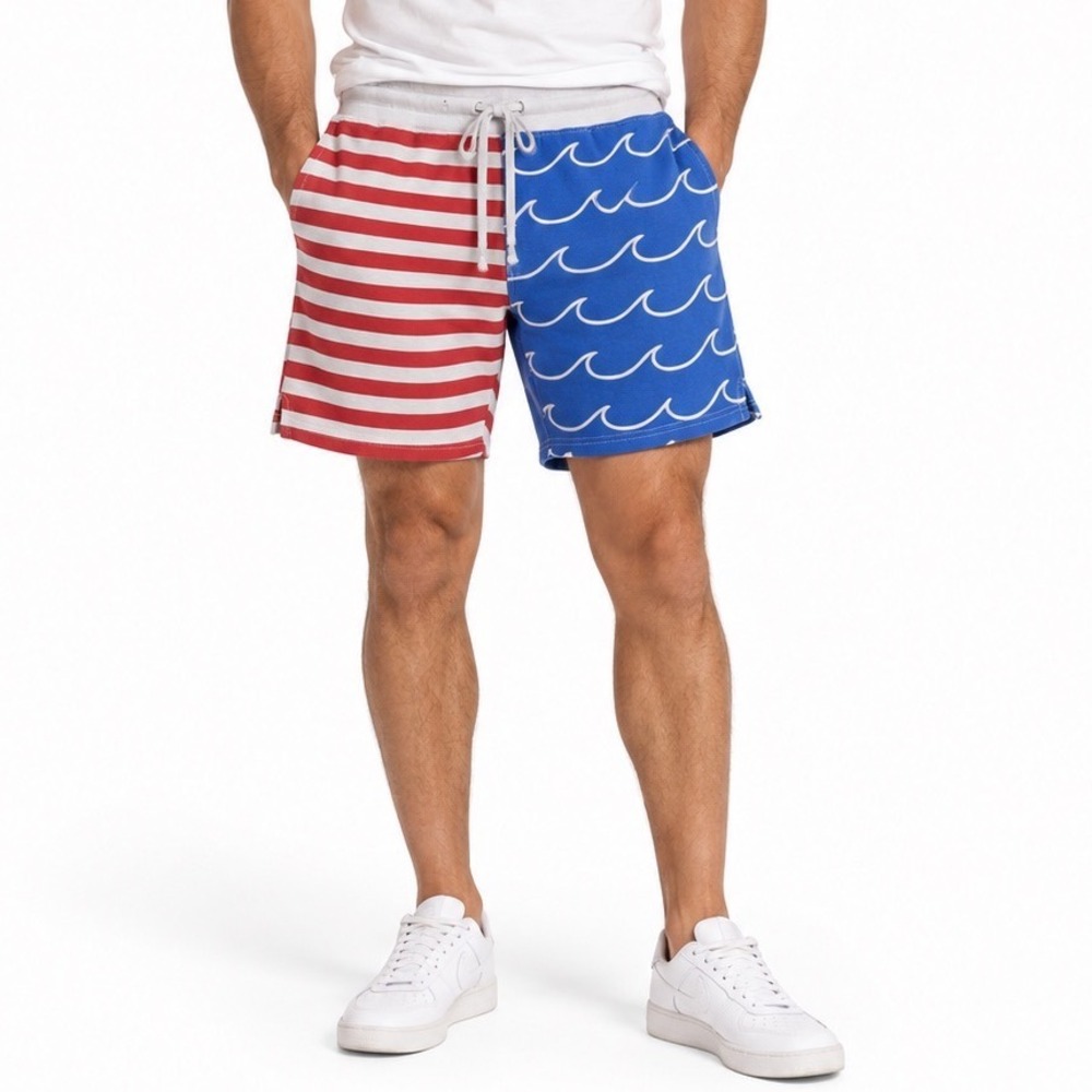 No Boundaes Mens Americana Split Leg Shorts Red White Stripes Blue Waves M 32-34